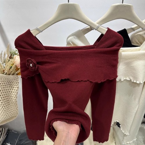 Korean French style one-shoulder ear-shaped floral off-shoulder sweater for women with design waist slimming top for winter