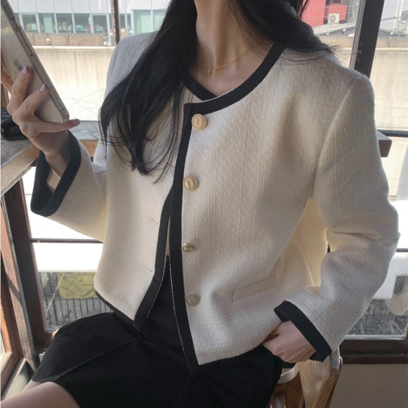 Korean chic retro style tweed short jacket with contrasting color and single side pocket design