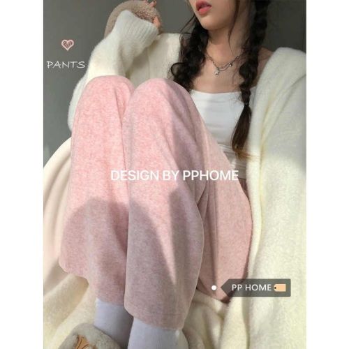 Pink glutinous rice pants for women spring, autumn and winter 2024 new high-waisted wide-leg pants plus velvet straight casual towel pants