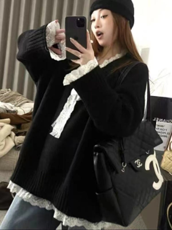 2024 New Lace Cute Fashion Versatile Sweater Coat Loose Thickened Lazy Style Pullover Sweater for Women