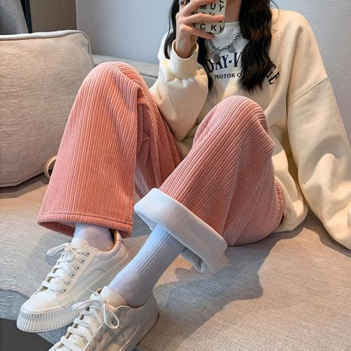 Velvet thickened corduroy autumn and winter 2024 high waist drape straight plus velvet casual pants