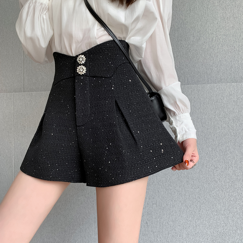 Sparkling Woolen Shorts for Women - 2024 Autumn/Winter New Arrival, Outerwear Popstar High-Waisted Woolen Wide-Leg Pants
