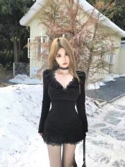 Whisper of the Night Lace Splicing Dress Waist Women's Underwear Hot Girl Long Sleeve Slimming Skirt Bottoming