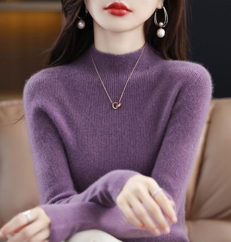 Women's cardigan half turtleneck bottoming shirt with solid color autumn and winter short slim fit sweater