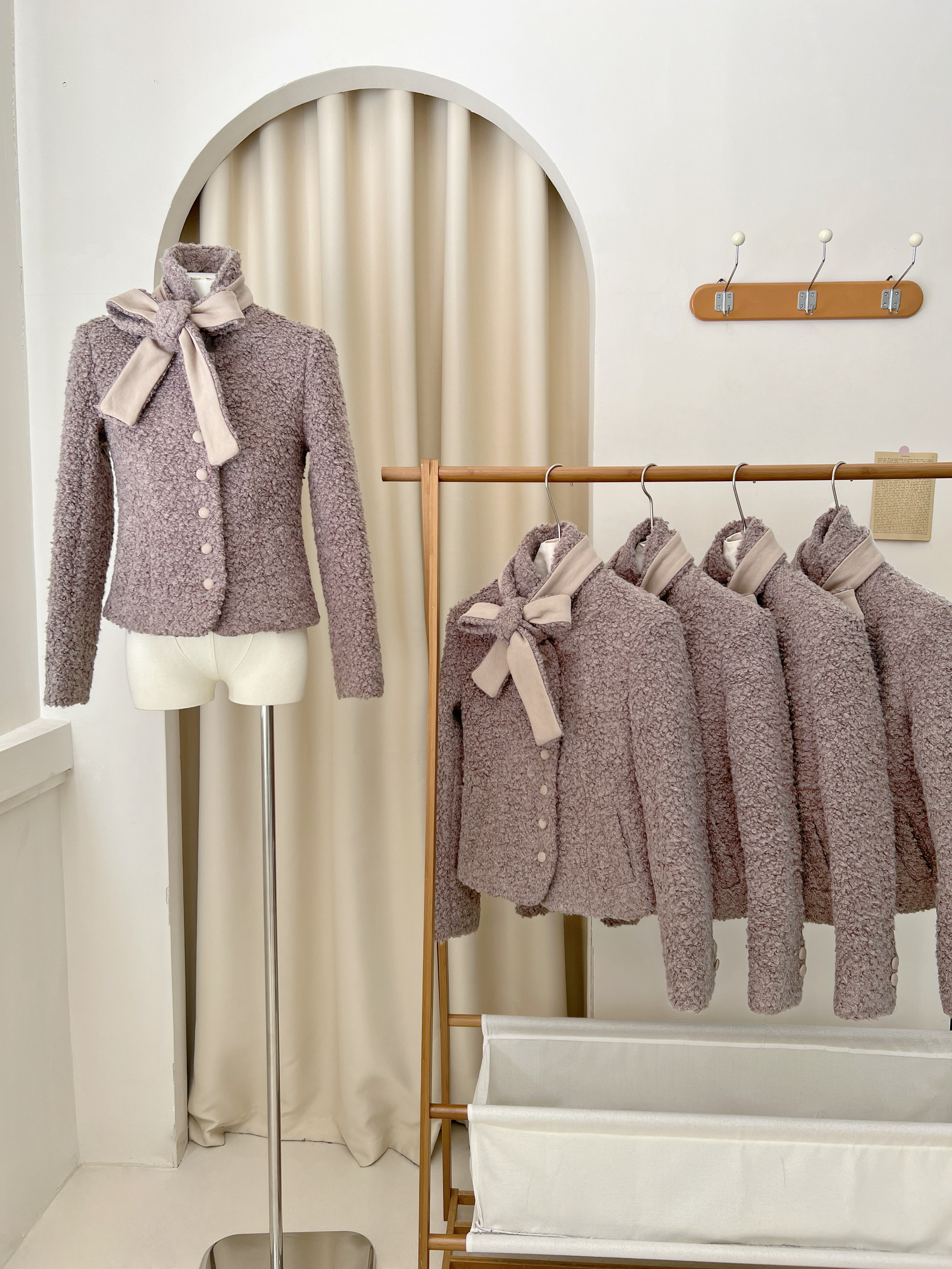 NECY wool bouclé blazer detachable double-sided bow scarf autumn and winter warm plush cardigan