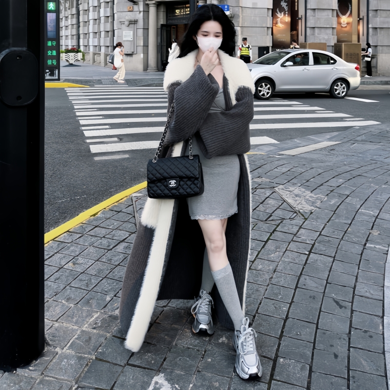 Fur collar, knee-length length with mink fluff, high-end cardigan sweater, loose and lazy style thickened autumn and winter coat
