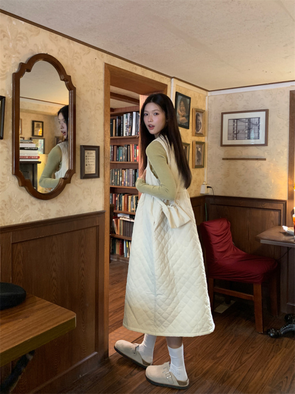Winter loose design long round neck age-reducing plaid cotton vest dress