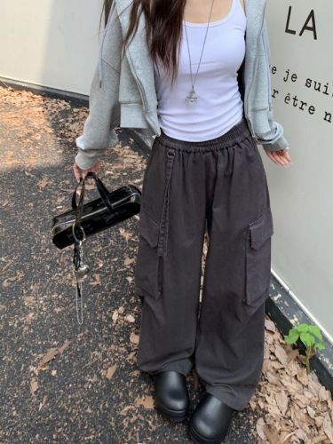 Ribbon design overalls straight high waist niche design pocket wide leg casual pants for women