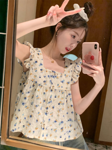 Real shot and real price Summer new sweet flower square collar single-breasted small flying sleeves shirt for women