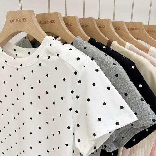 Short-sleeved T-shirt for women summer 2024 short right shoulder polka dot round neck top Korean style women's clothing