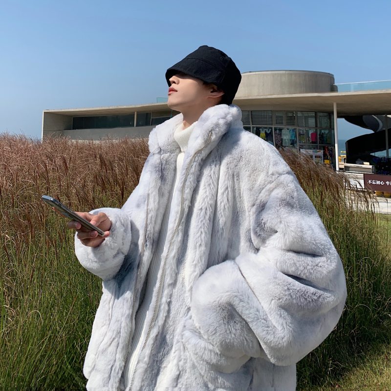 1 Hong Kong style lamb wool cotton coat for men, loose national trend tie-dye couple plush jacket for men