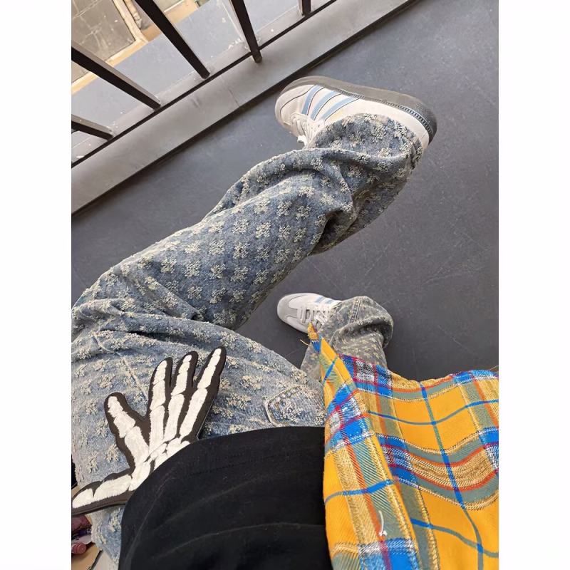 European and American high street handsome street jeans men's jacquard all-over printed wide-leg straight trousers for men