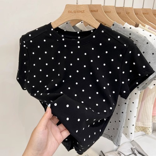 Short-sleeved T-shirt for women summer 2024 short right shoulder polka dot round neck top Korean style women's clothing