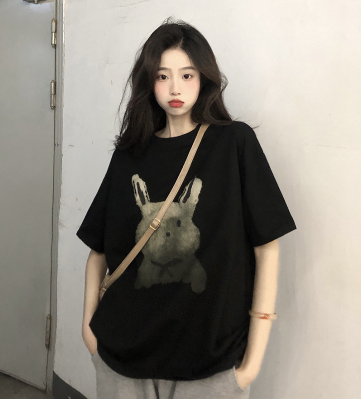 Pure cotton short-sleeved T-shirt for women with faded ink rabbit print top