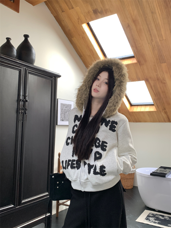 Fur collar hooded sweatshirt jacket for hot girls American retro gray cardigan plus velvet short top