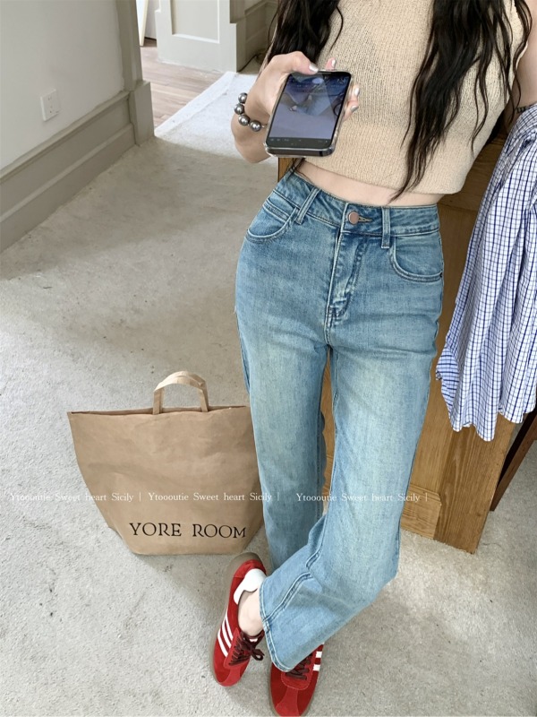 High-waisted stretch straight cigarette pants nine-quarter pants jeans