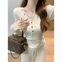 Autumn and winter Korean version v-neck lace layered button slim knit sweater Andy velvet bottoming sweater for women