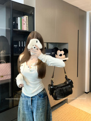 Retro patchwork bottoming shirt top for women with pockets inside sweater long-sleeved T-shirt