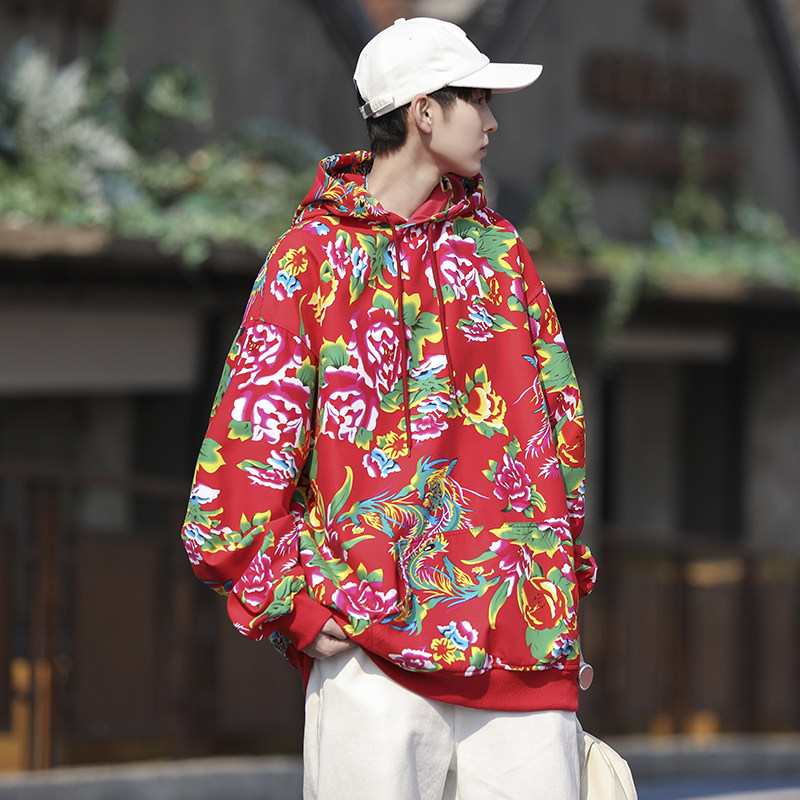 Qiuxin men's and women's team uniforms, large floral hooded sweatshirts, jackets, trendy ethnic floral sweatshirts, couple costumes for performance