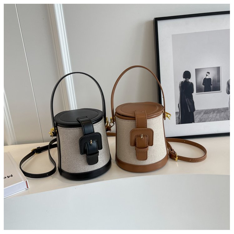 Bridei Light Luxury Retro Bucket Bag Women's New Canvas Contrast Color Splicing Handbag Niche Crossbody Bag