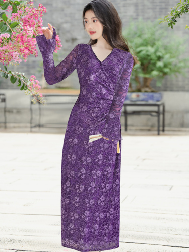 Autumn and winter French romantic charm purple stretch lace dress temperament long skirt for women