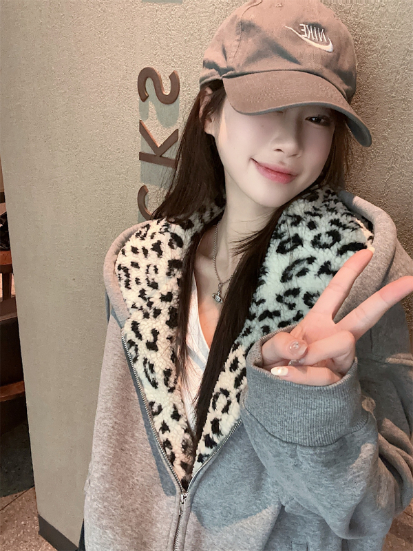 American patchwork leopard print plus velvet lining thickened jacket loose hooded sweatshirt