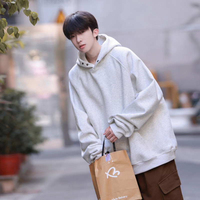 American style 440g button hooded solid color sweatshirt, autumn and winter trendy men's cotton pullover jacket