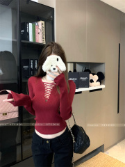 American hot girl sexy cross hollow sweater women's autumn and winter inner layering shirt long-sleeved top