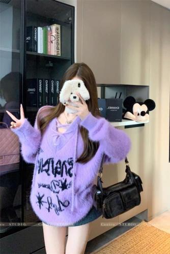 Fluffy, sweet and cool V-neck strappy imitation mink loose sweater to keep warm