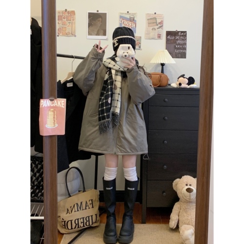 Actual shot#Korean style lapel quilted windbreaker and cotton coat for women in winter loose and thickened charging cotton coat mid-length coat