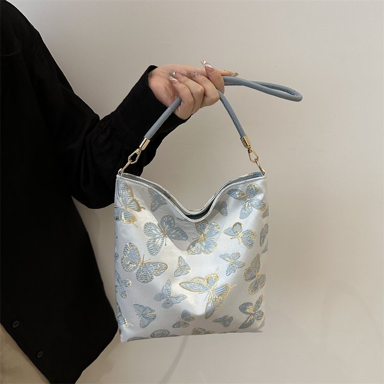 New 2024 New Chinese Style Elegant Gold Silk Embroidery Texture Bamboo Leaf Butterfly Style Underarm Shoulder Bag Women's Western Style Simple