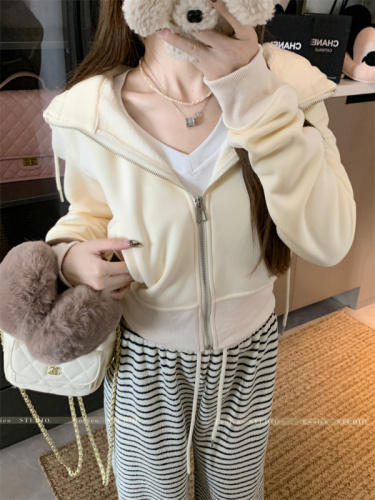 Women's sweatshirt autumn and winter thickened fleece hooded short coat striped pants suit