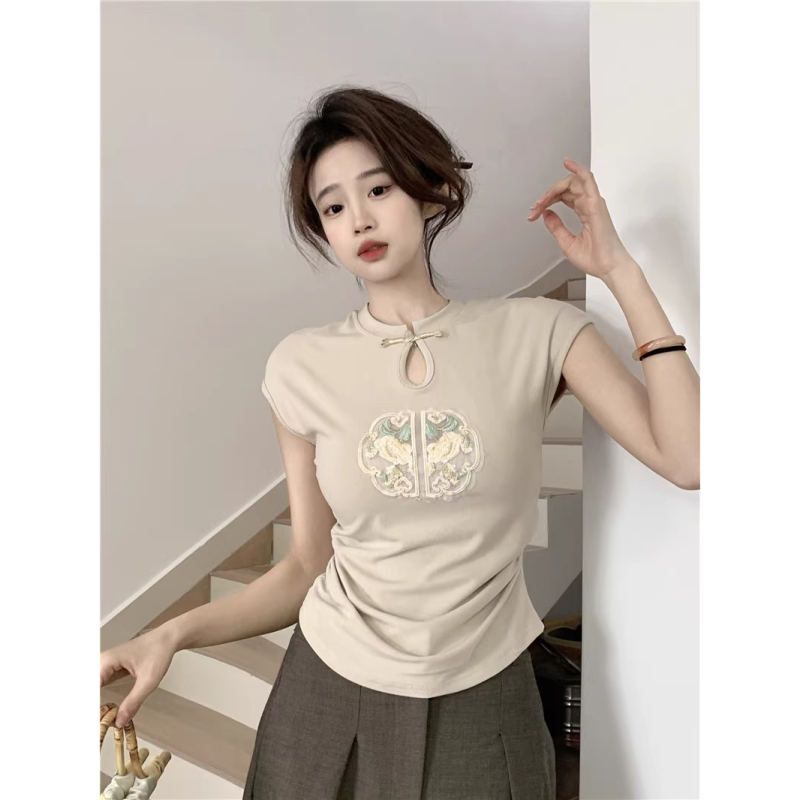 Design sense niche embroidery slim short national style top new Chinese style plate button short sleeve T-shirt women's clothing