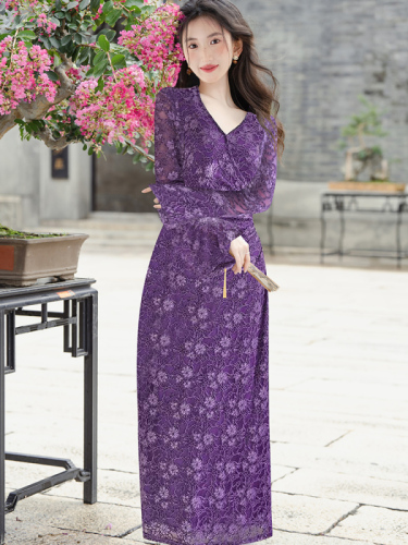 Autumn and winter French romantic charm purple stretch lace dress temperament long skirt for women