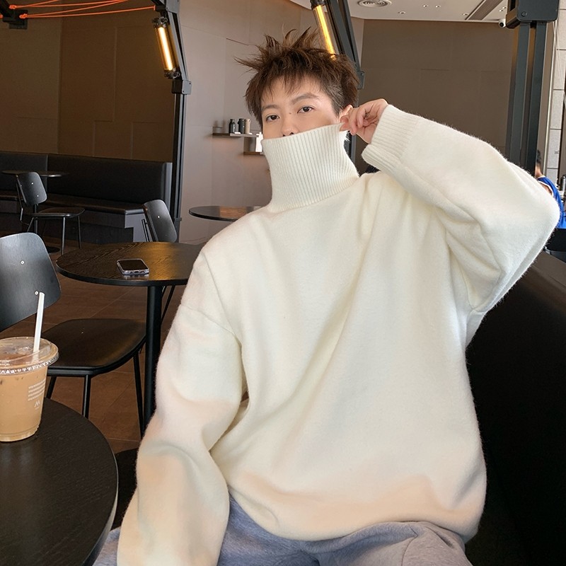 Turtleneck sweater for men in autumn and winter, warm inner layering shirt, trendy loose and lazy style knitted line