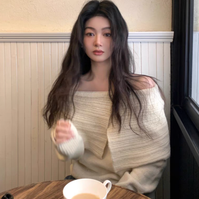 Retro college style apricot large lapel sweater for women in spring, autumn and winter, high-end temperament, casual and versatile knitted top trendy