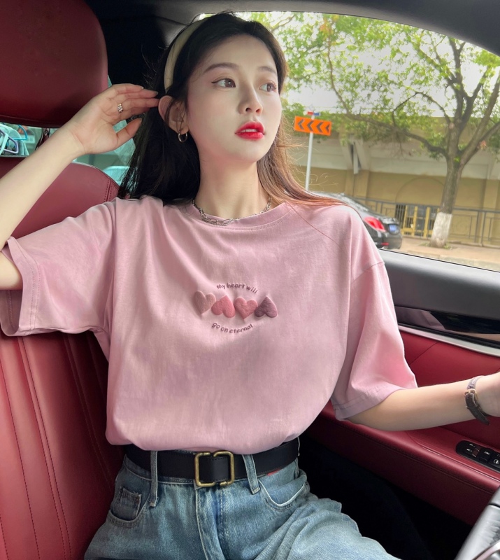 Real shot and real price summer thin love print loose and slim Hong Kong style short-sleeved bottoming T-shirt for women