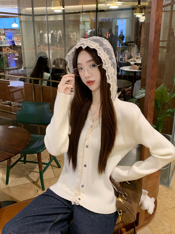 Lace hoodie collar versatile sweater cardigan