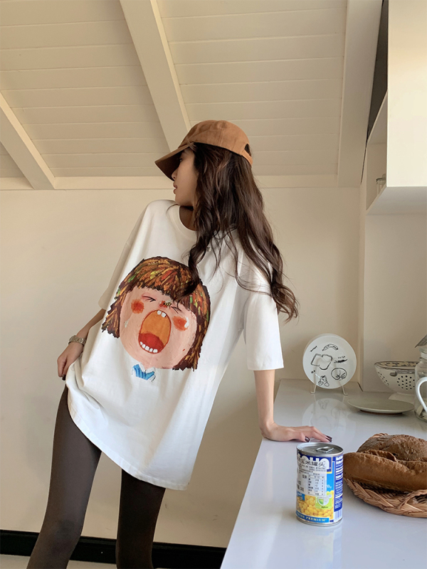 Yang Paopao white cartoon American doll short-sleeved T-shirt for women 2023 spring and summer new loose Korean style shoulder top