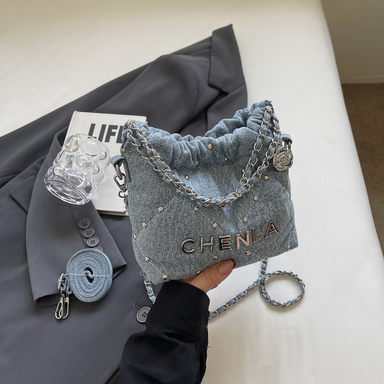 Fashion super hot denim bag for women 2024 new diamond chain crossbody bag mini shoulder rivet bucket bag