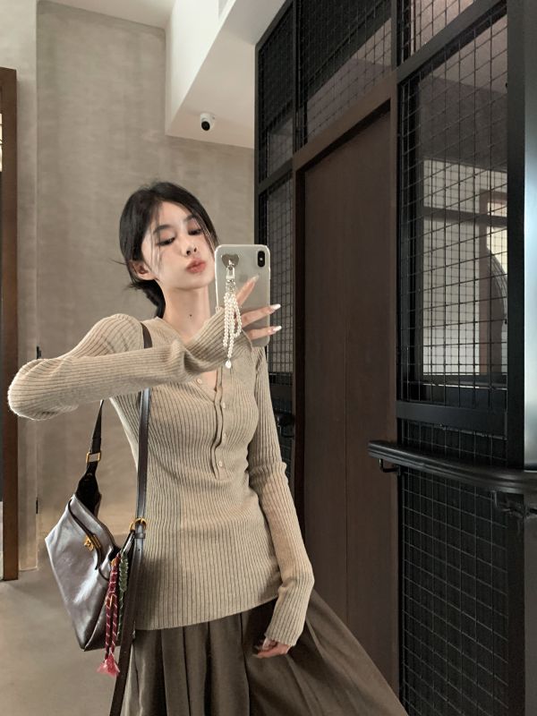 Double placket design bottoming shirt button knitted sweater top