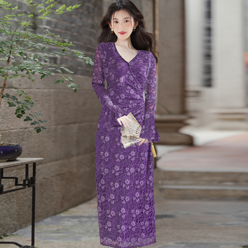 Autumn and winter French romantic charm purple stretch lace dress temperament long skirt for women
