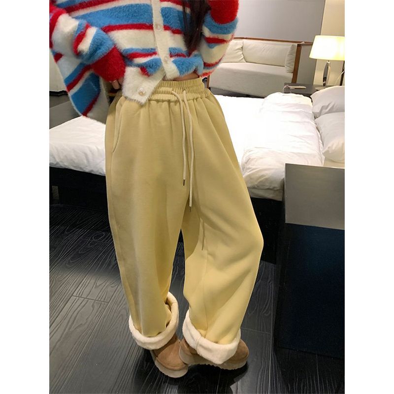 Lambskin thickened sports pants for women, loose wide-leg pants, high-waisted pants, autumn and winter styles with velvet leggings