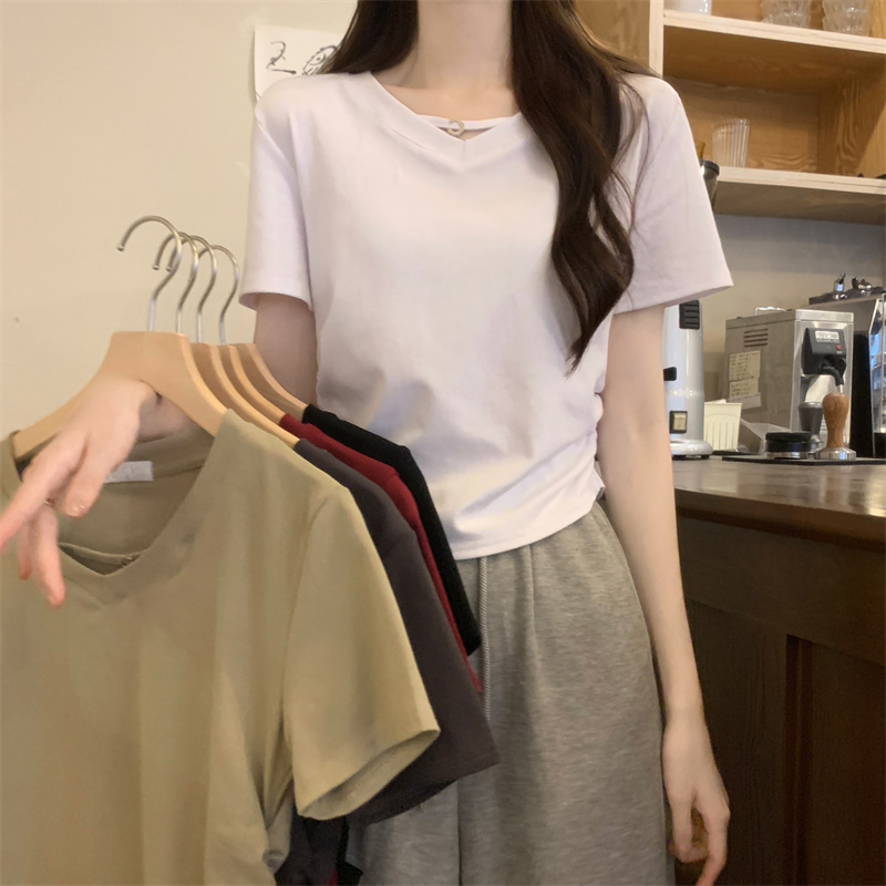 Real shot and real price V-neck short-sleeved T-shirt for women with sweet design and niche pleated waist slimming top