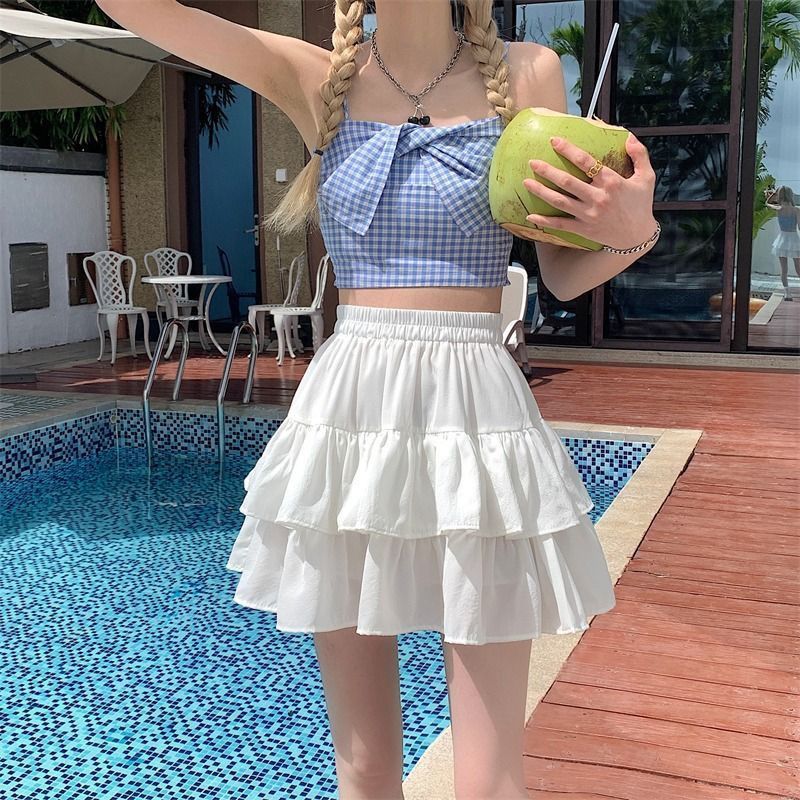 Including safety pants, new versatile double-layer cake skirt for women, high-waisted slim puffy skirt, lotus leaf skirt