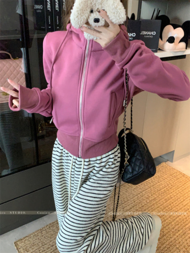 Women's sweatshirt autumn and winter thickened fleece hooded short coat striped pants suit