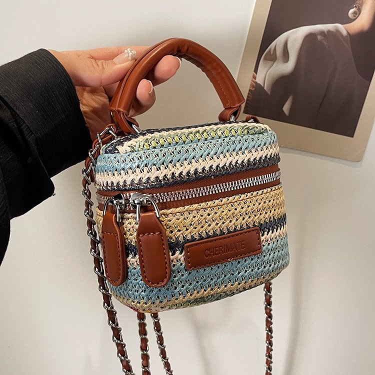 2024 Mini Straw Small Square Bag Women's Bag Summer Chain Contrast Color Shoulder Bag Bohemian Weaving Small Shoulder Bag