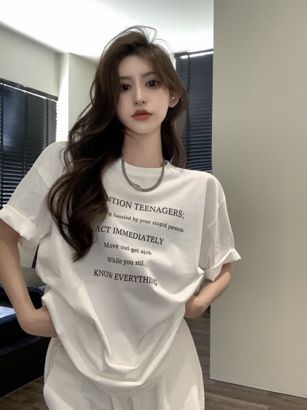 Actual shot of early autumn new Hong Kong style letter print double yarn cool cotton loose casual short-sleeved T-shirt ins versatile top trend