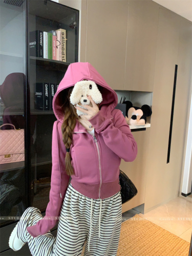 Women's sweatshirt autumn and winter thickened fleece hooded short coat striped pants suit