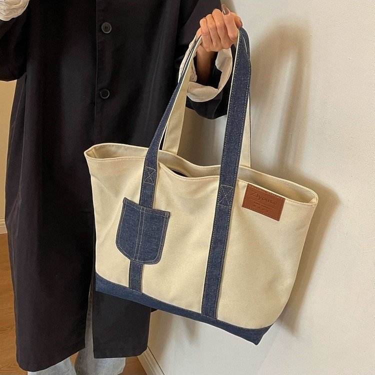 Large-capacity commuter bag spliced ​​denim canvas bag for women 2024 new casual tote bag fashion shoulder bag
